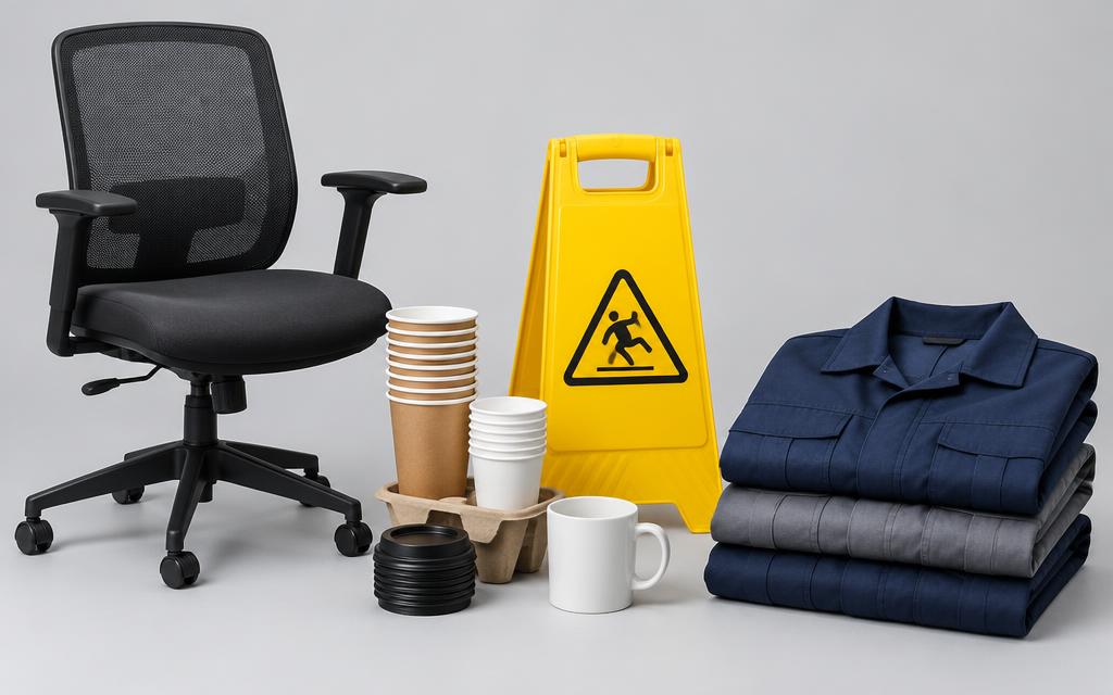 Imagen ilustrativa: Silla de oficina, vasos para cafetería, señal de seguridad y uniformes de trabajo