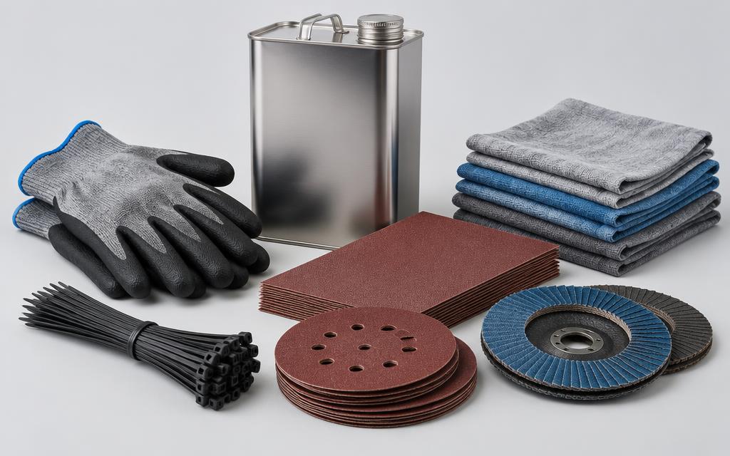 Imagen ilustrativa: Guantes de trabajo, lata de lubricante, lijas, discos abrasivos, cinchos y trapo industrial