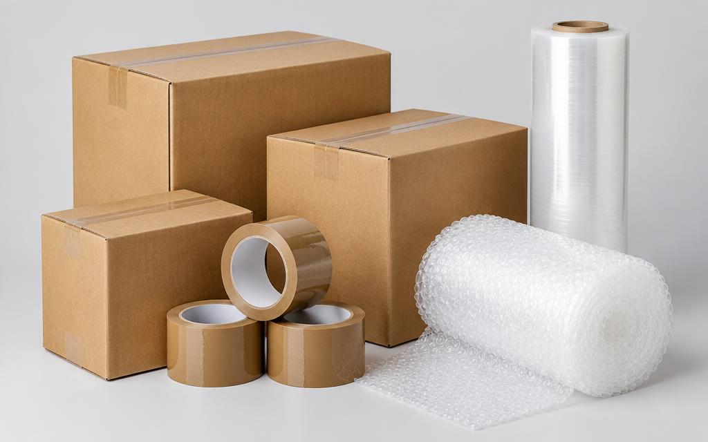Imagen ilustrativa: Cajas de cartón, cinta canela, película estirable y plástico de burbuja