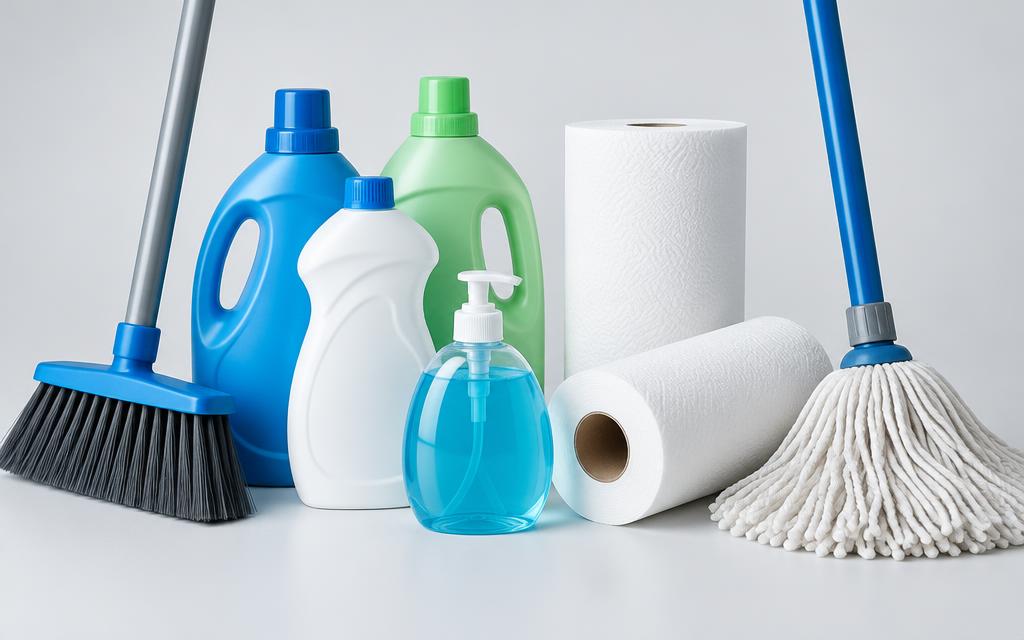 Imagen ilustrativa: Botellas de detergente, dispensador de jabón, toallas de papel, escoba y trapeador